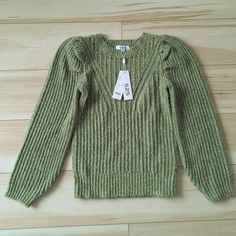 525 America Pointelle knit puff sleeve sweater wool blend green - Picture 3 of 8